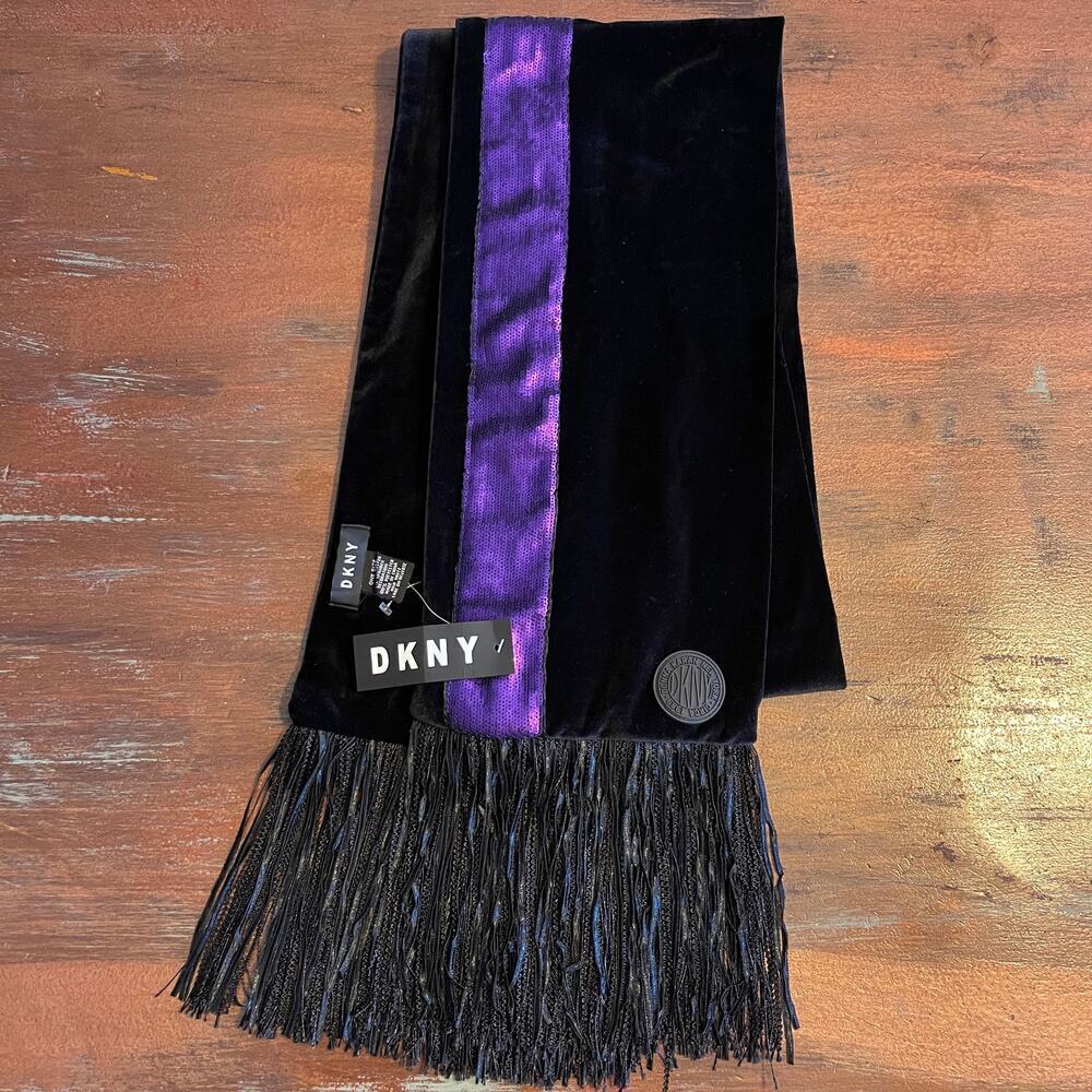 DKNY Nwt Velvet Sequined Fringe Glamour Night Out Scarf - Picture 2 of 7